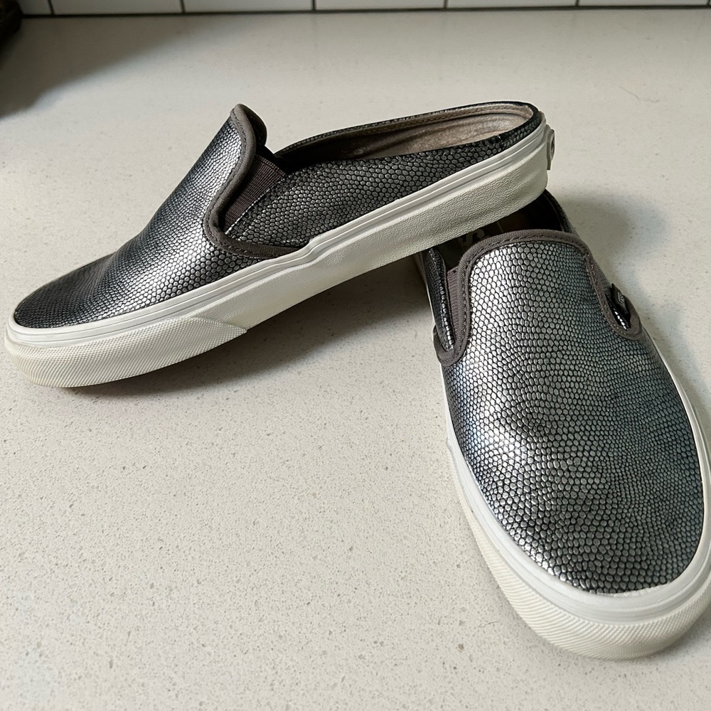 Vans Women’s Classic Slip-On Mule in Silver Snake Skin.